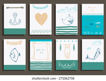 greeting card set cute retro sea objects collection. vector illustration