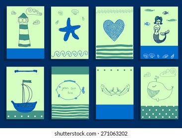 greeting card set cute retro sea objects collection. vector illustration