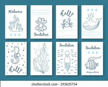 greeting card set cute retro sea objects collection. vector illustration