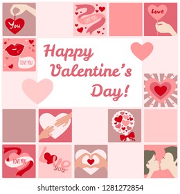 Greeting card with set of decorative icons for Valentines Day, vector image, eps10