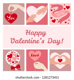 Greeting card with set of decorative icons for Valentines Day, vector image, eps10