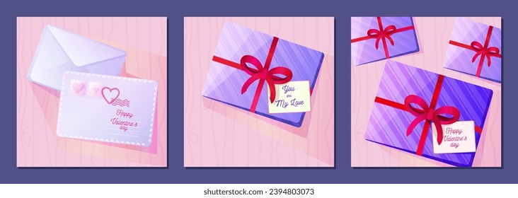 Valentine’s greeting card. Set of festive vector templates with cute abstract bright gift box. Graphics suitable for use for post banner, print, flayer, sale, decorative, greeting cards