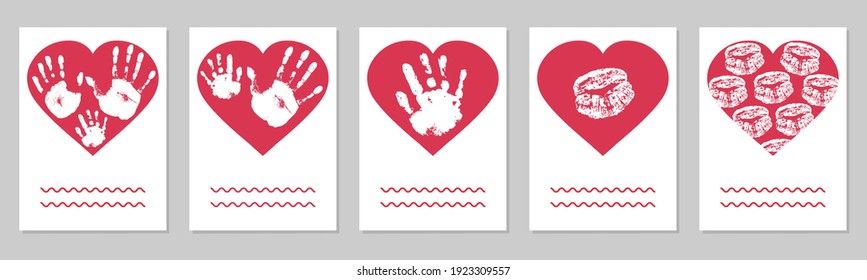 Greeting card set. Handprints of family, imprint of palm hand of mother, father and baby, imprint of lips in red heart shape. Vector illustration