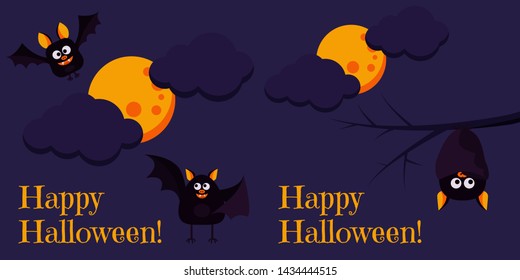 Greeting card set Happy Halloween. Cute animals characters funny bats flying near full moon, clouds, hanging on the branch upside down. Vector cartoon flat design cartoon style holiday illustration.