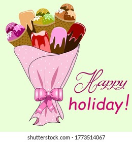 Greeting card with a set of ice cream in a bag. Colored card with text and a set of multi-colored ice cream in a bag.