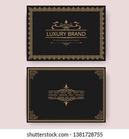 Greeting card set with monogram logo and frame line style gold color on vintage background for use banner of hotel label, spa service, business offer, wedding invitation etc. Vector Illustration.