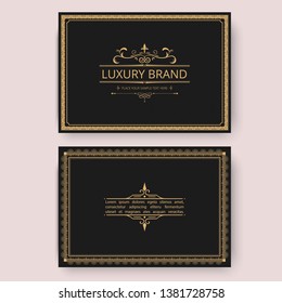 Greeting card set with monogram logo and frame line style gold color on vintage background for use banner of hotel label, spa service, business offer, wedding invitation etc. Vector Illustration.