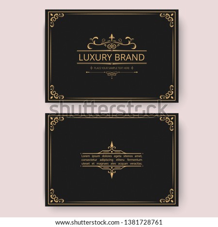 Greeting card set with monogram logo and frame line style gold color on vintage background for use banner of hotel label, spa service, business offer, wedding invitation etc. Vector Illustration.