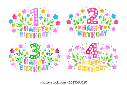 Greeting Card Set. Postcards for the celebration of the 1st, 2nd, 3rd and 4th anniversary. Happy Birthday cards for a little girl. Colored text, flowers and confetti on a Classic blue background.