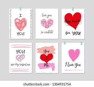 Greeting card set with romantic tags. Love confession. Brush lettering. Hand drawn hearts.