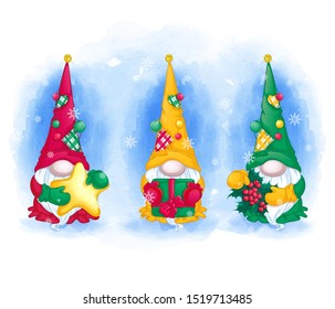 Greeting card set. Three funny gnomes in long hats with holly, gift, Christmas star. Watercolor winter background with snowflakes.