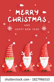 Greeting card set. Three funny gnomes in long hats , Christmas scene. Paper cut style with snowflakes. 