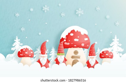 Juego de tarjetas de felicitación. Tres gnomos graciosos con sombreros largos, escena de Navidad. Estilo de corte de papel con copos de nieve. 