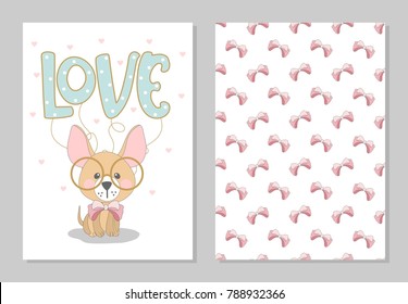 Greeting card set for Valentine's Day with a cute dog. Labels. Vector illustration.