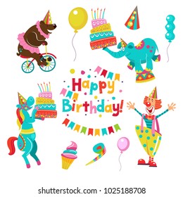 Greeting card. Set of vector circus artists, circus animals. An invitation to a party in honor of his birthday. Circus show, a happy holiday.