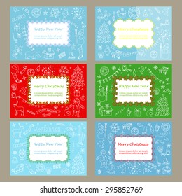 Greeting card set with winter hand drawn doodle elements. Vector illustration for backgrounds, web design, covers, fliers, banners, invitations