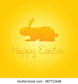 Greeting card with shabby golden bunny and lettering Happy Easter isolated on shining background