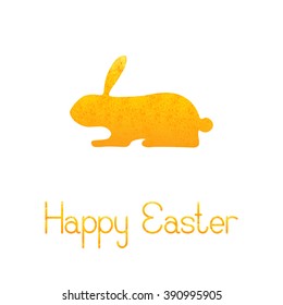 Greeting card with shabby golden rabbit and lettering Happy Easter isolated on white background