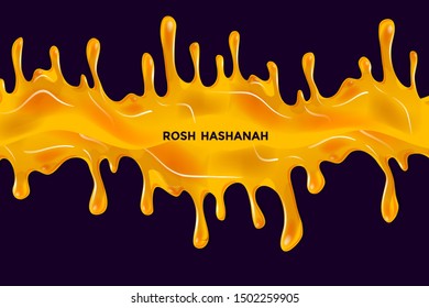 Greeting card Shana Tova - Judaic holiday Jewish New Year. Vector illustration of melting honey flowing around text Rosh Hashanah. Hebrew Have a sweet year. Honey drops vintage torah banner