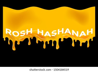 Greeting card Shana Tova - Judaic holiday Jewish New Year. Vector illustration of melting honey flowing around text Rosh Hashanah. Hebrew Have a sweet year. Honey drops vintage torah banner