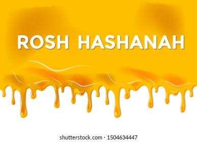 Greeting card Shana Tova - Judaic holiday Jewish New Year. Vector illustration of melting honey flowing around text Rosh Hashanah. Hebrew Have a sweet year. Honey drops vintage torah banner