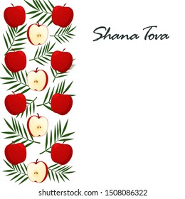 Greeting card Shana Tova. Square template with symbols of Jewish new year: apple, palm. Vector rosh hashanah template flat style.