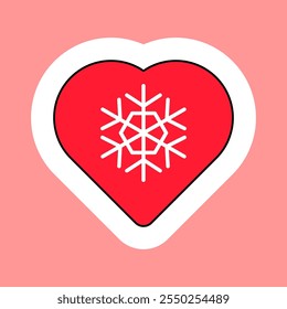 Greeting card in shape of heart decorated with snowflake. New Year velcro for decorating gift or card in style of 2000. Cartoon Y2K retro sticker on pink background