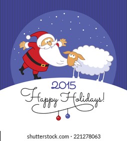 Greeting Card with sheep chewing Santa's beard on blue background. Text: Happy holidays 2015. 
