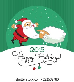 Greeting Card with sheep chewing Santa's beard on blue background. Text: Happy holidays 2015. 