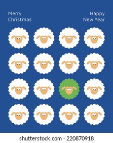 Greeting card with sheep. Green Sheep. Text: Merry Christmas Happy New Year. 