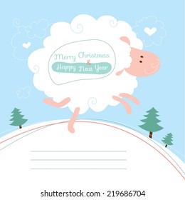 Greeting card with a sheep. Happy New Year and Merry Christmas. Vector background.