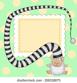 Greeting card with sheep in striped hat