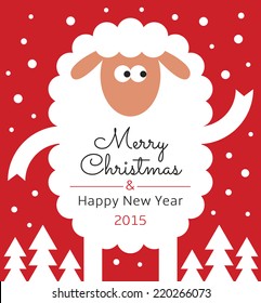 Greeting Card with sheep. Text: Merry Christmas and Happy new year 2015. 