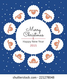 Greeting Card with sheep. Text: Merry Christmas and Happy new year 2015. 