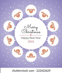 Greeting Card with sheep. Text: Merry Christmas and Happy new year 2015. 