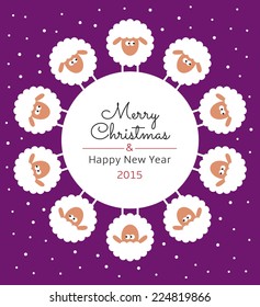 Greeting Card with sheep. Text: Merry Christmas and Happy new year 2015. 