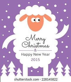 Greeting Card with sheep. Text: Merry Christmas and Happy new year