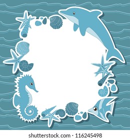 Greeting card with shells, seahorse, dolphin, fish  and starfishes and place for