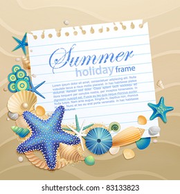 Greeting card with shells and starfishes on sand background. Vector illustration.