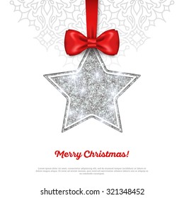 Greeting Card with Shining Silver Star Bauble and Red Silk Ribbon. Vector illustration. Happy New Year, Merry Christmas, Seasons Greetings.