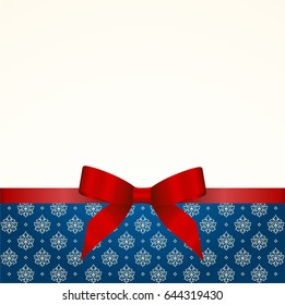 Greeting Card with Shiny Red Satin Gift Bow Close up, has space for text on  background. Gift Voucher Template.  Vector image.