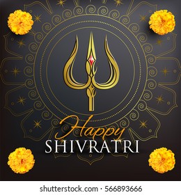 Greeting card for Shivratri, a Hindu festival celebrated of Shiva Lord. Golden trishula of Shiva on black background. Vector illustration.