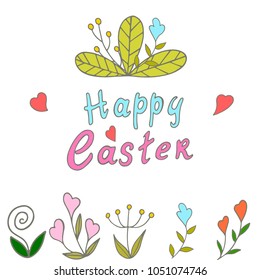 greeting card with the sign of happy easter, hand-drawn, vector illustration, wreath of plants