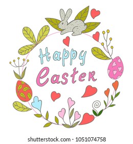 greeting card with the sign of happy easter, hand-drawn, vector illustration, wreath of plants
