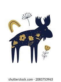 Greeting card with silhouette of elk in Scandinavian style. Vector illustration with naive characters