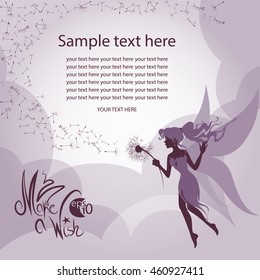 Greeting card with a silhouette of a fairy blowing a dandelion and a place for text in purple tones