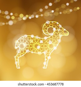 Greeting card with silhouette of ornamental sheep illuminated by lights. Golden vector illustration background for Eid Ul Adha muslim holiday. Eid Mubarak invitation.