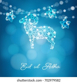 Greeting card with silhouette of ornamental sheep and stars illuminated by lights, vector illustration background for Muslim Eid Ul Adha holiday. Modern blurred blue vector background.