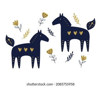 Greeting card with silhouette of two horses in Scandinavian style. Vector illustration with naive characters