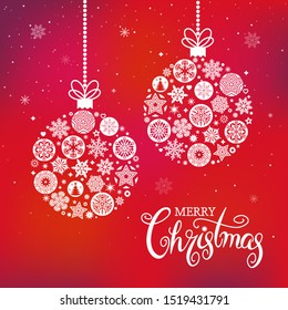 Greeting Card With Silhouettes Of Christmas Balls With Snowflakes And Stars. Manual Lettering Of Caligraphy. Vector Illustration On A Red Background. Concept Xmas